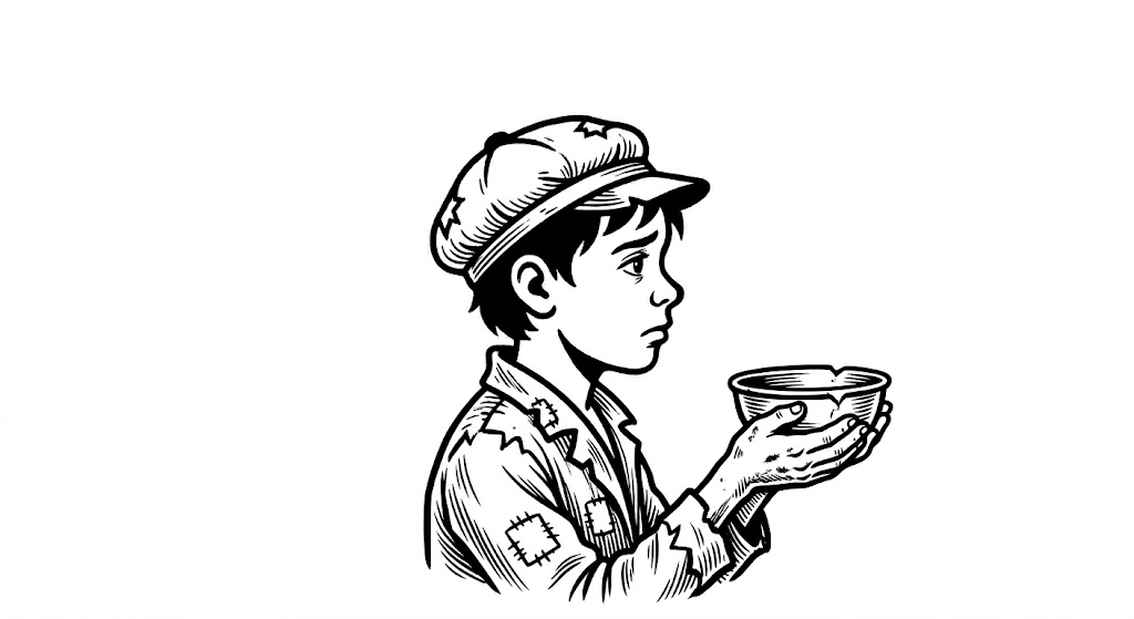 A poor agent, asking for more — pen-and-ink in the Cruikshank style.